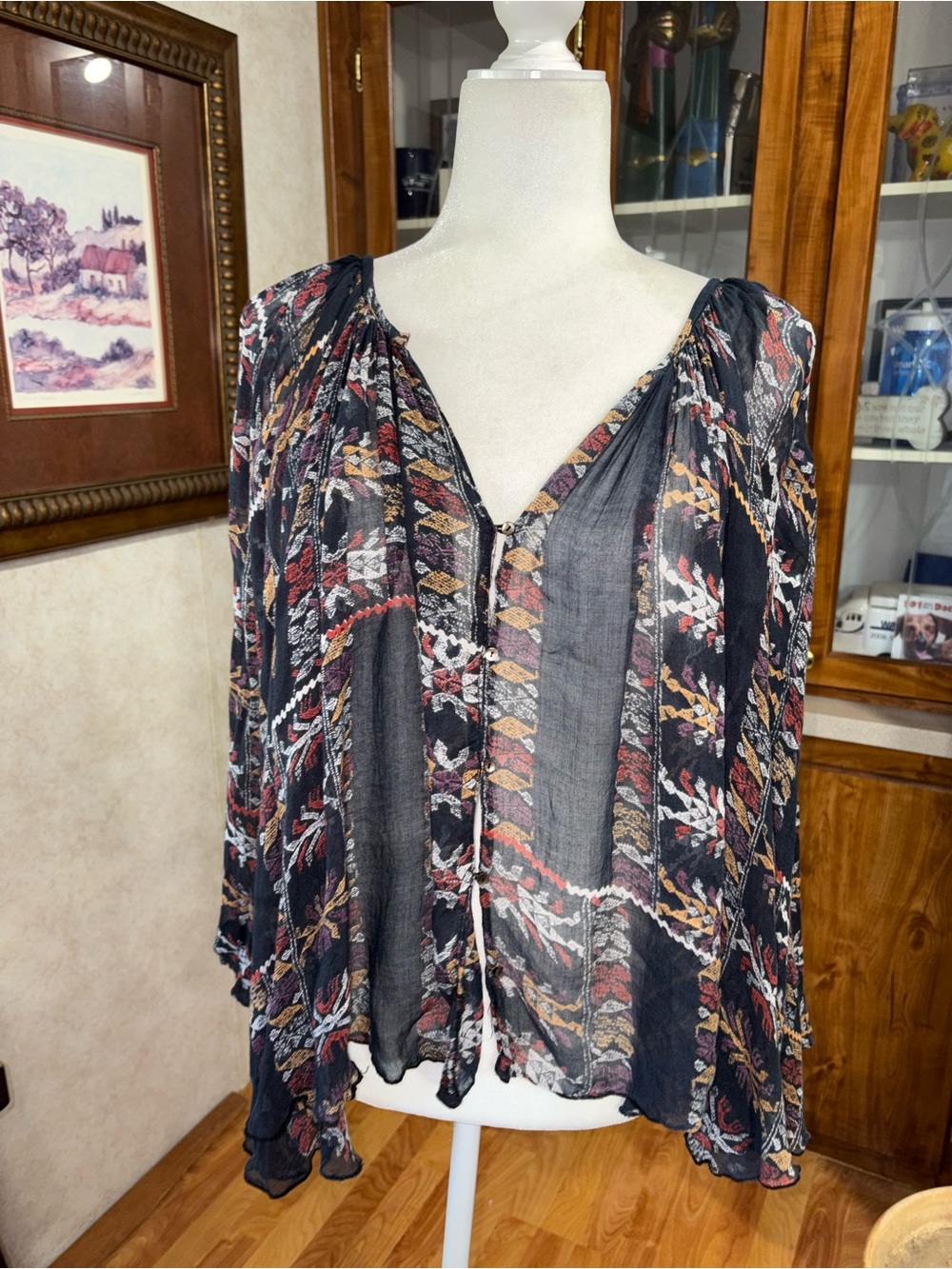 Free People size medium black sheer button boho blouse bell sleeves